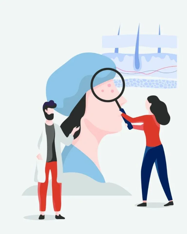 Illustration of a dermatology provider examining a patient's skin with a magnifier