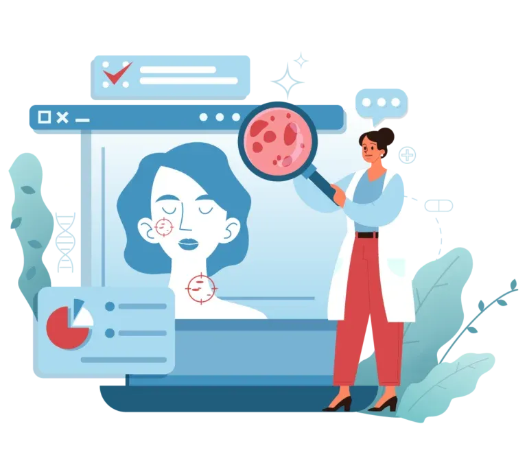 Illustration of a dermatology provider reviewing a patient's skin during an online consultation