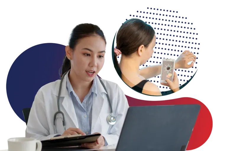 A dermatology provider on a video consultation reviewing a patient's skin photos