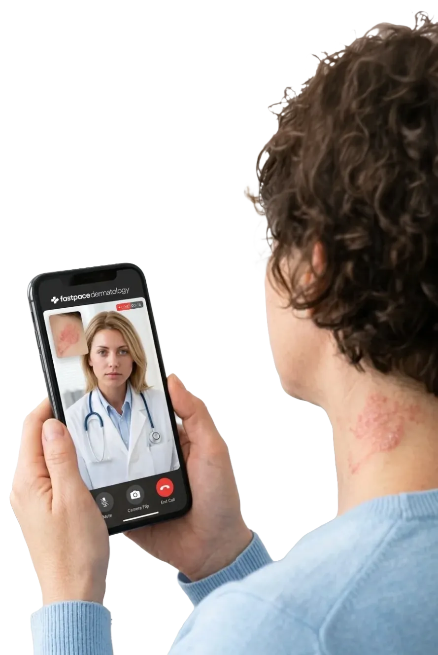 A patient holding a phone during a live video dermatology visit with a provider